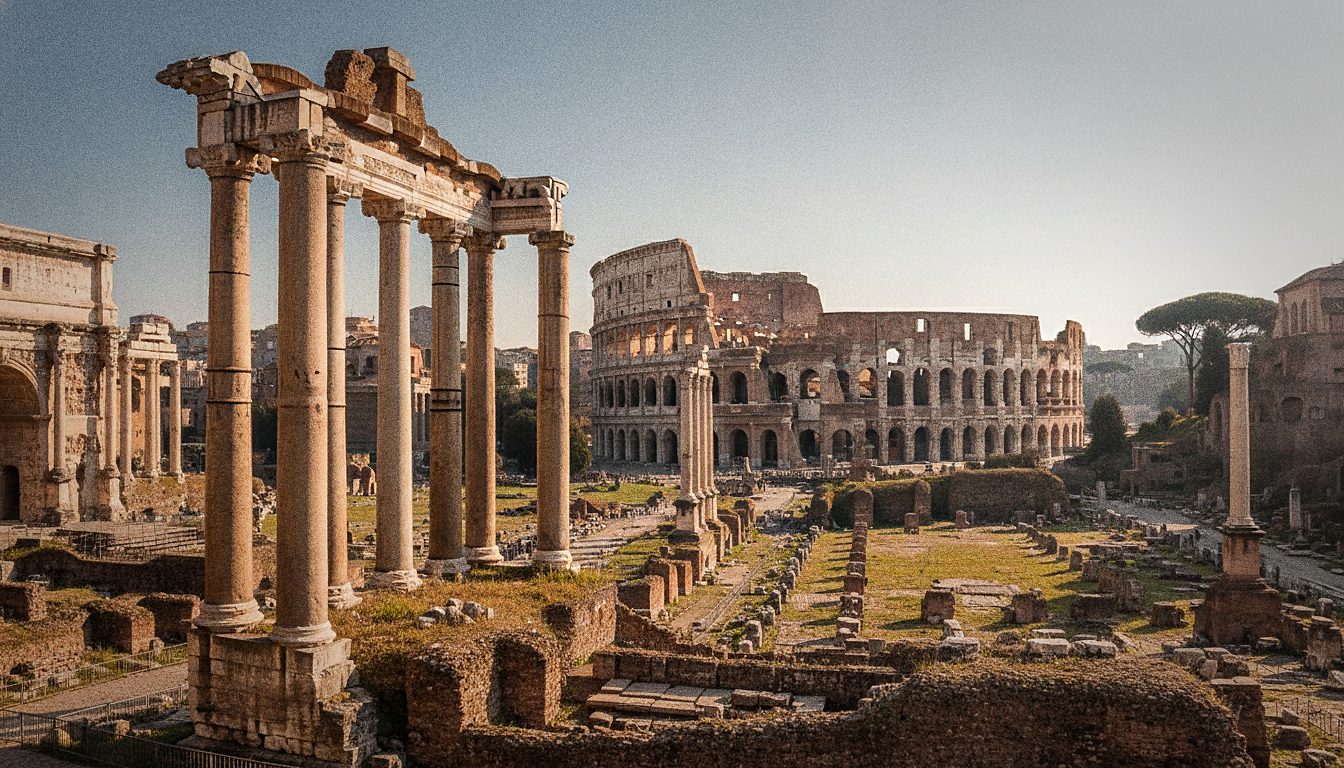 Colonnes antiques du Forum romain avec le Colisée en arrière-plan, lumière du matin à Rome