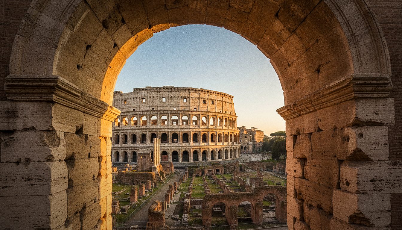 Le Colisée de Rome sous une lumière chaude, vu depuis les arches en travertin, sans personne